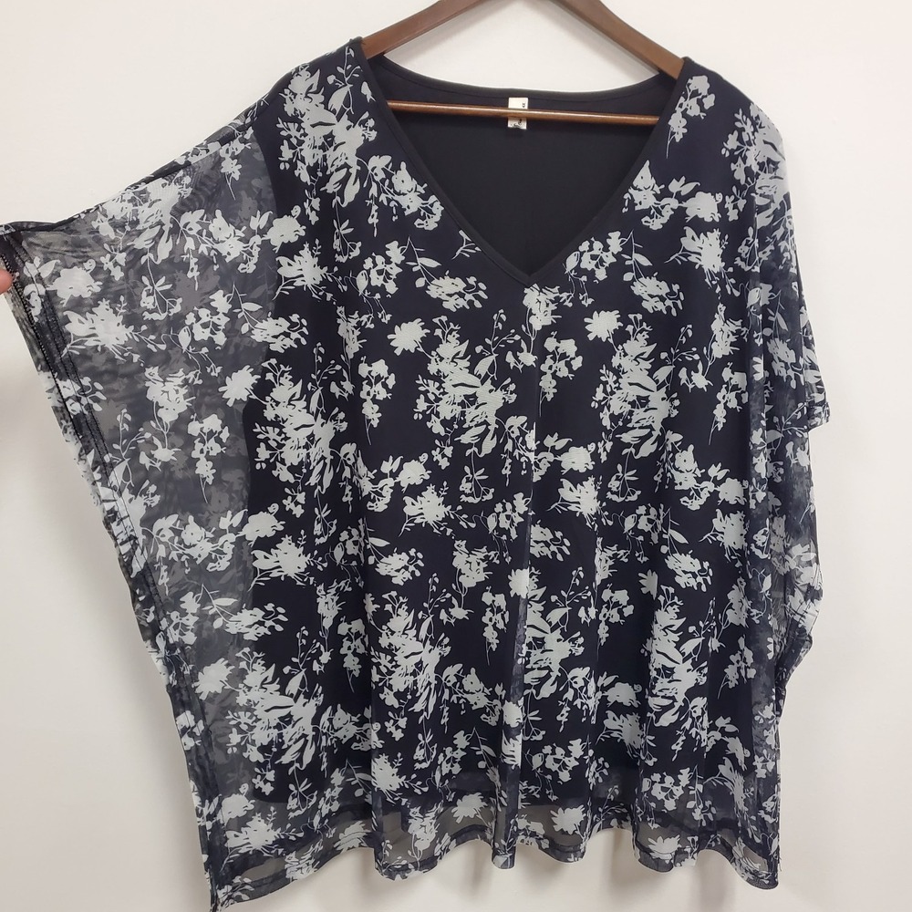 Agnes Orinda Womens Mesh‎ Overlay Dark Floral Artsy Fairy Top Size 4X Stretch